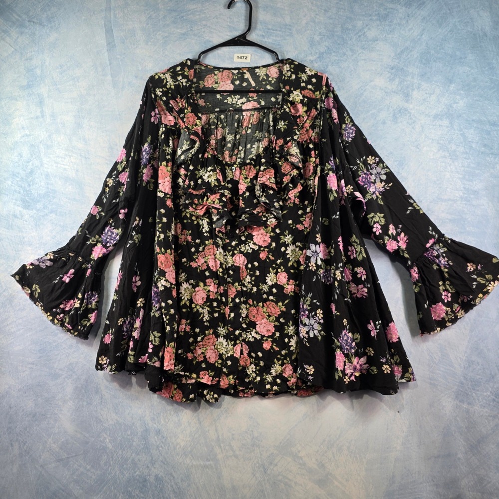 Free People Floral Ruffle V-Neck Bell Sleeve Tunic Top Black Pink XS